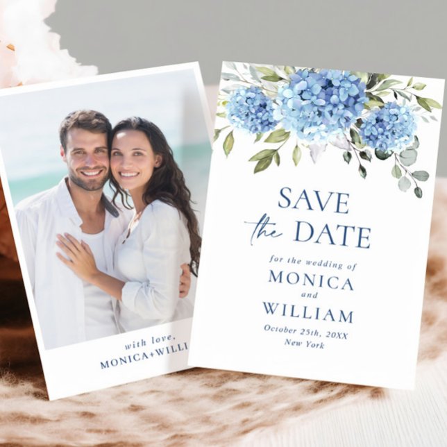 Elegant Blue Hydrangea Floral Wedding Photo Save The Date (Creator Uploaded)