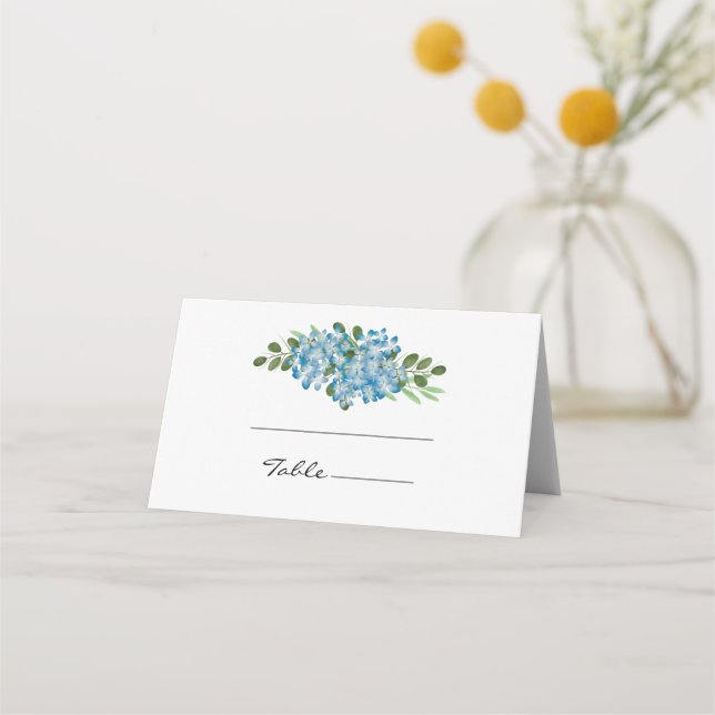 Elegant Blue Hydrangea Floral Wedding Place Card (Front)