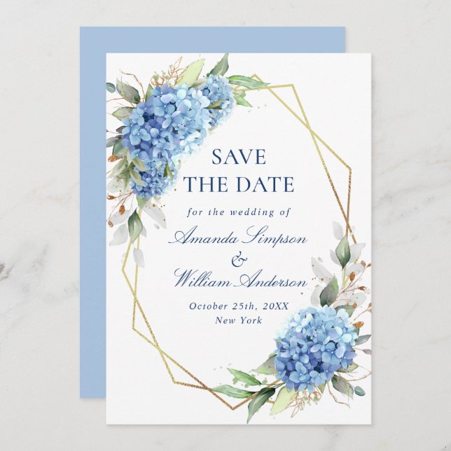 Elegant Blue Hydrangea Floral Wedding Save The Date (Front/Back)