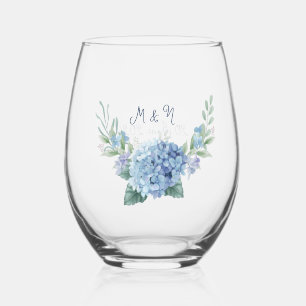 Elegant Blue Hydrangea Floral Wedding Stemless Wine Glass