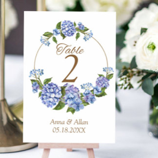 Elegant Blue Hydrangea Floral Wedding Table Number