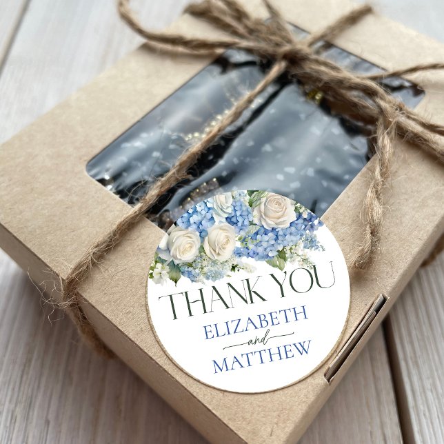 Elegant Blue Hydrangea Floral Wedding Thank You Classic Round Sticker (Creator Uploaded)