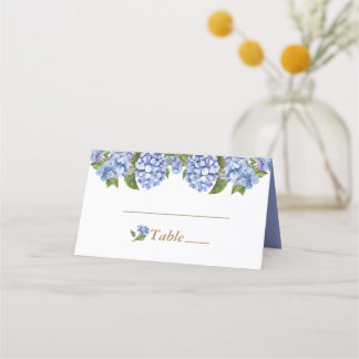 Elegant Blue Hydrangea Floral White Wedding  Place Card
