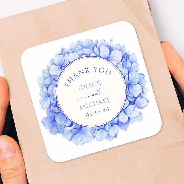 Elegant Blue Hydrangea Flower Wedding Thank You Square Sticker (Chic hydrangea wedding favor sticker with customizable text – a stylish way to thank your guests.)