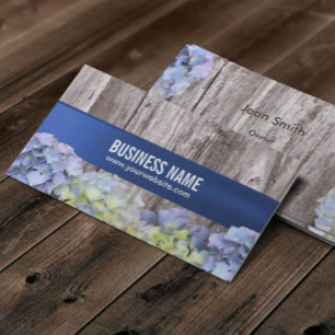 Elegant Blue Hydrangea Flowers Wood Background Business Card
