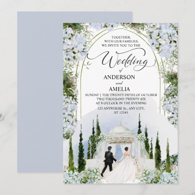 Elegant Blue Hydrangea Garden Wedding Watercolor  Invitation (Front/Back)
