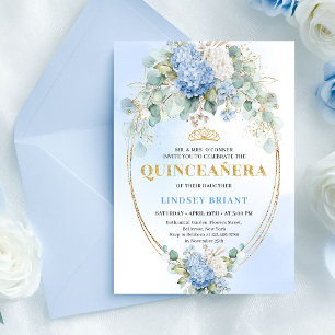 Elegant Blue Hydrangea Gold Quinceañera Invitation