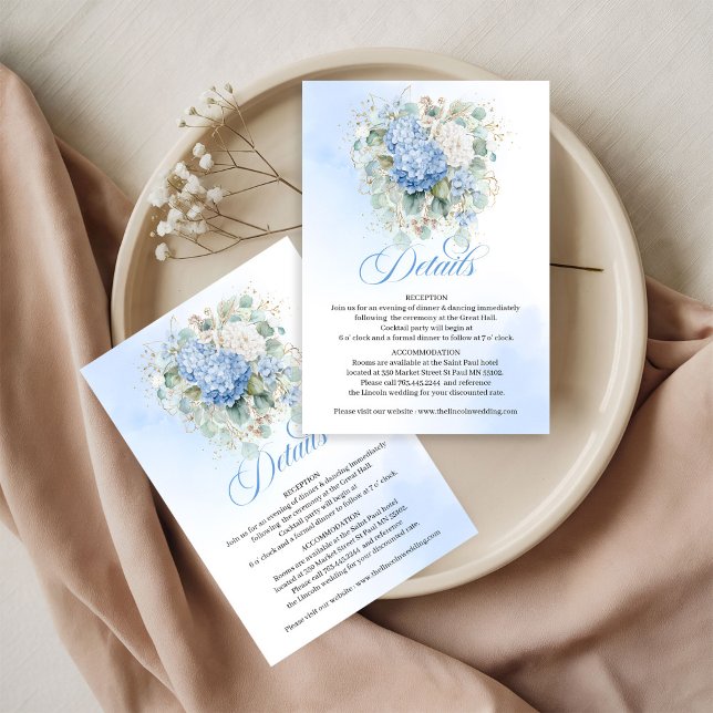 Elegant Blue Hydrangea Gold Wedding details card (Boho wedding details card featuring blue hydrangea watercolor flowers, eucalyptus greenery, and gold)
