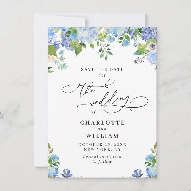 Elegant Blue Hydrangea Greenery Photo Wedding QR Save The Date (Front)