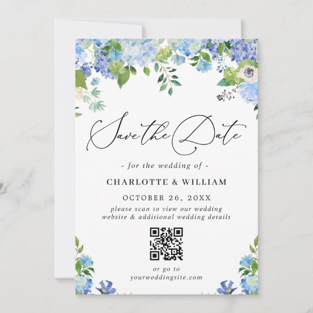 Elegant Blue Hydrangea Greenery Photo Wedding QR Save The Date (Front)