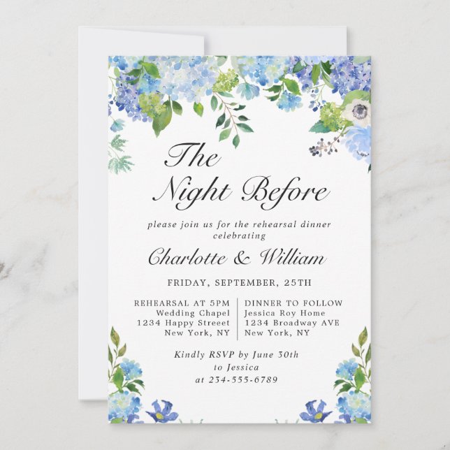 Elegant Blue Hydrangea Greenery Rehearsal Dinner Invitation (Front)