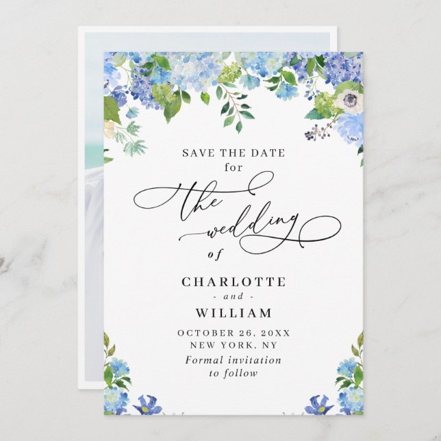 Elegant Blue Hydrangea Greenery Wedding Photo Save The Date (Front/Back)