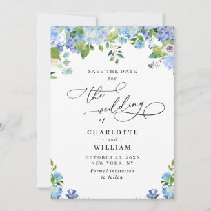 Elegant Blue Hydrangea Greenery Wedding QR Save The Date