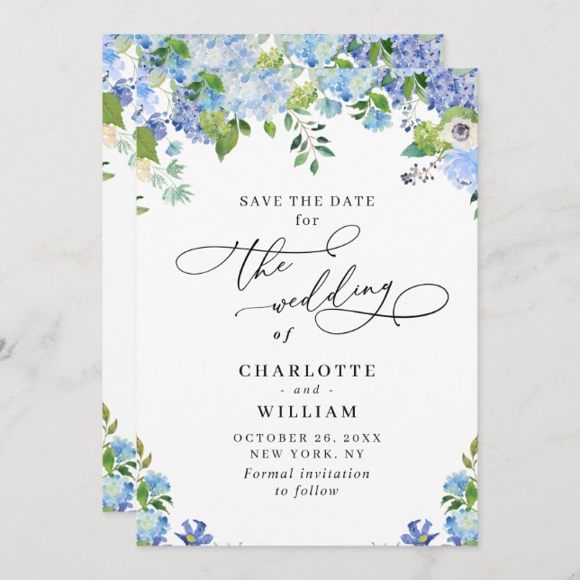 Elegant Blue Hydrangea Greenery Wedding Save The Date (Front/Back)