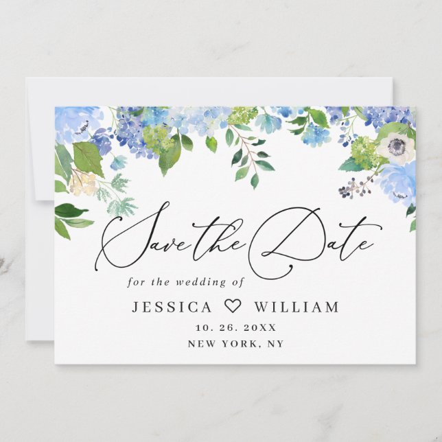 Elegant Blue Hydrangea Greenery Wedding  Save The Date (Front)