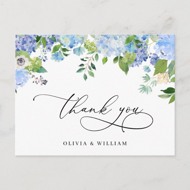 Elegant Blue Hydrangea Greenery Wedding Thank You Postcard (Front)