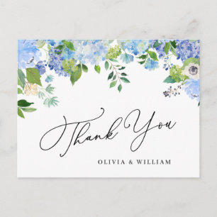 Elegant Blue Hydrangea Greenery Wedding Thank You Postcard