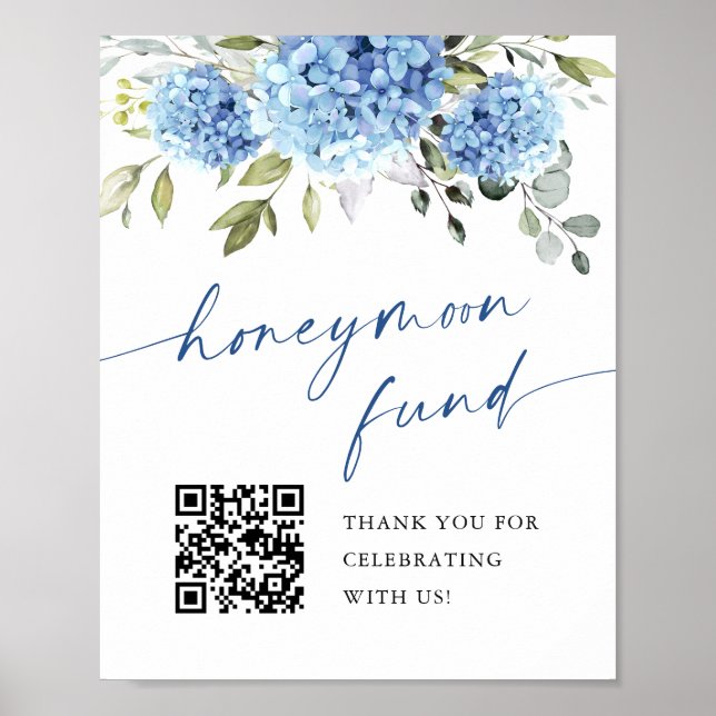 Elegant Blue Hydrangea Honeymoon Fund Wedding Poster (Front)