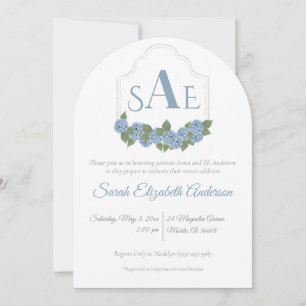 Elegant Blue Hydrangea Monogram Crest Baby Shower Invitation
