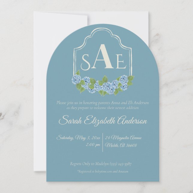 Elegant Blue Hydrangea Monogram Crest Baby Shower  Invitation (Front)