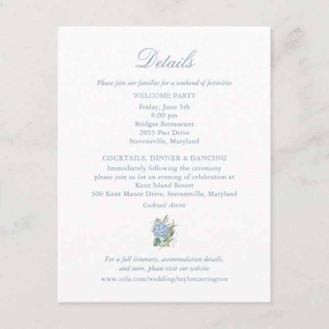 Elegant Blue Hydrangea Monogram Enclosure Card (Front)