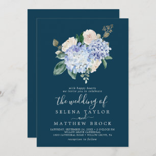 Elegant Blue Hydrangea Navy All In One Wedding Invitation