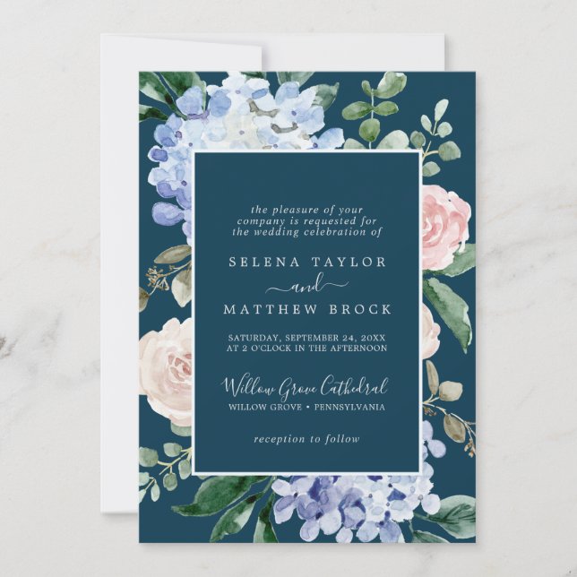 Elegant Blue Hydrangea | Navy Formal Wedding Invitation (Front)