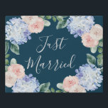 Elegant Blue Hydrangea | Navy Just Married Faux Canvas Print<br><div class="desc">This elegant blue hydrangea navy just married faux canvas print is perfect for a spring or summer wedding. The classic floral design features soft powder blue watercolor hydrangeas accented with neutral blush pink flowers and green leaves.</div>
