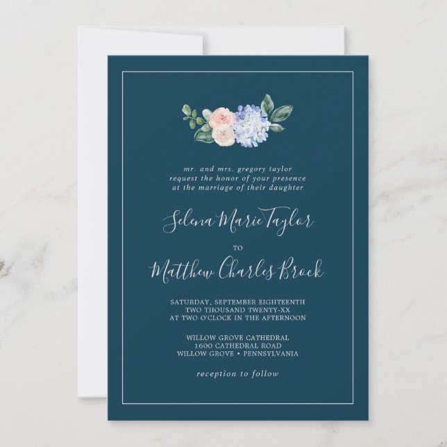 Elegant Blue Hydrangea | Navy Traditional Wedding Invitation (Front)