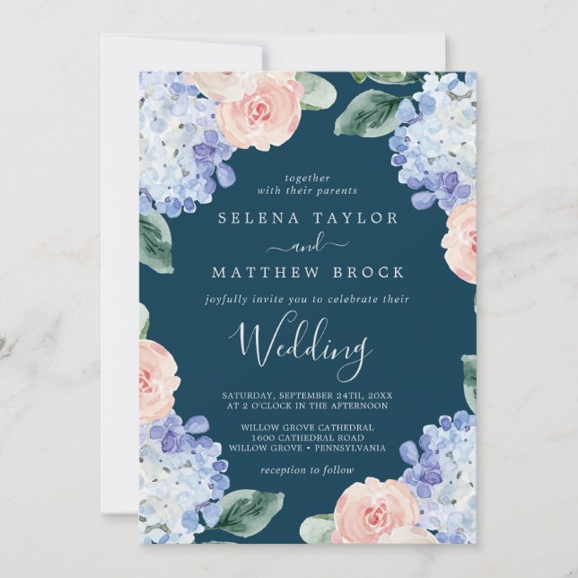 Elegant Blue Hydrangea | Navy Wedding Invitation (Front)