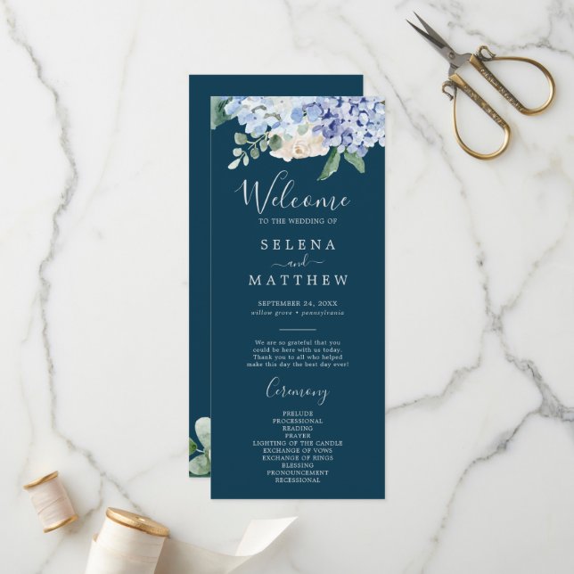 Elegant Blue Hydrangea | Navy Wedding Program Programme (Front/Back In Situ)