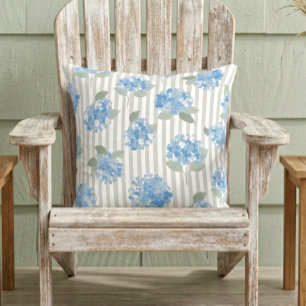 Elegant Blue Hydrangea Pattern Gray Stripe  Cushion