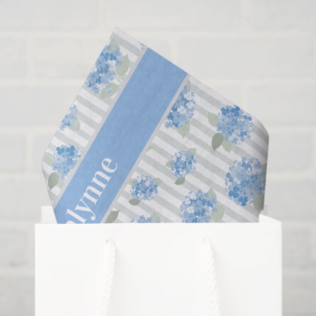 Elegant Blue Hydrangea Pattern Gray Stripe Name Tissue Paper (Gift Bag)