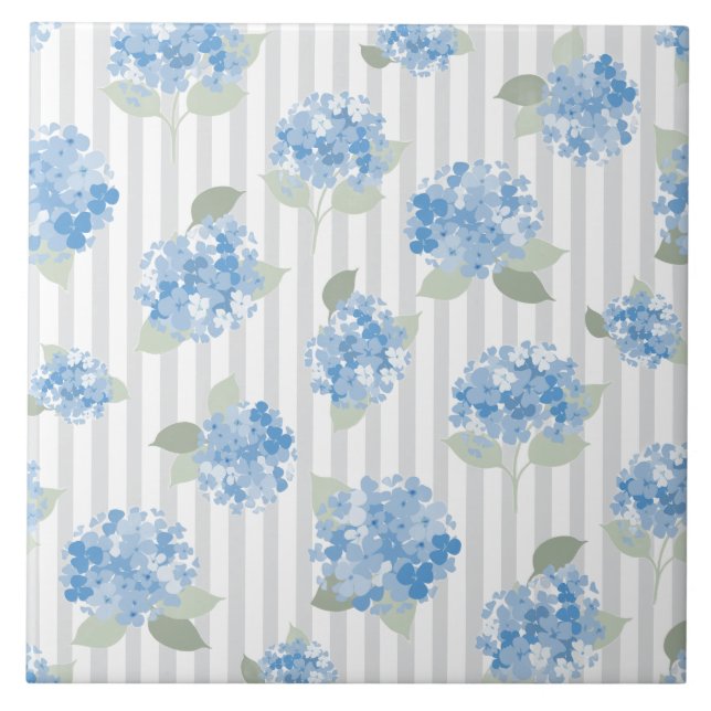 Elegant Blue Hydrangea Pattern Gray Stripe  Tile (Front)