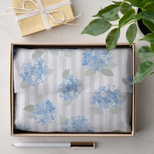 Elegant Blue Hydrangea Pattern Gray Stripe  Tissue Paper (Gift)