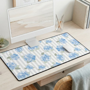 Elegant Blue Hydrangea Pattern Grey Stripe  Desk Mat