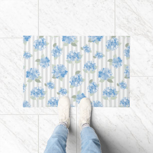 Elegant Blue Hydrangea Pattern Grey Stripe Doormat
