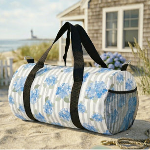 Elegant Blue Hydrangea Pattern Grey Stripe Duffle Bag