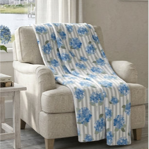Elegant Blue Hydrangea Pattern Grey Stripe Fleece Blanket