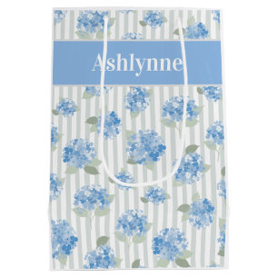 Elegant Blue Hydrangea Pattern Grey Stripe Name Medium Gift Bag