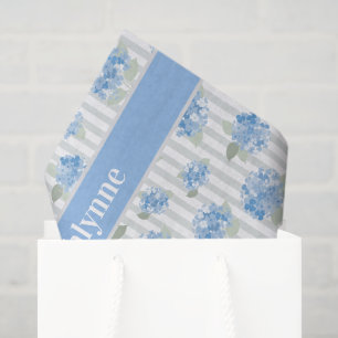 Elegant Blue Hydrangea Pattern Grey Stripe Name Tissue Paper