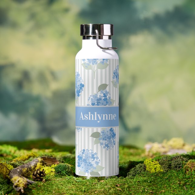 Elegant Blue Hydrangea Pattern Grey Stripe Name  Water Bottle (Outdoor (Rotated))
