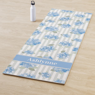 Elegant Blue Hydrangea Pattern Grey Stripe Name Yoga Mat
