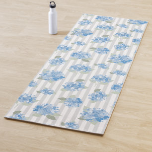 Elegant Blue Hydrangea Pattern Grey Stripe Yoga Mat