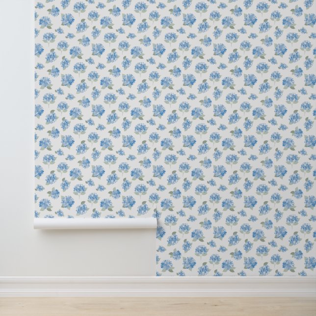 Elegant Blue Hydrangea Pattern on White  Wallpaper (Application)