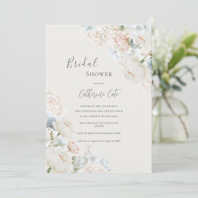 Elegant Blue Hydrangea Peonies Bridal Shower  Invitation (Standing Front)