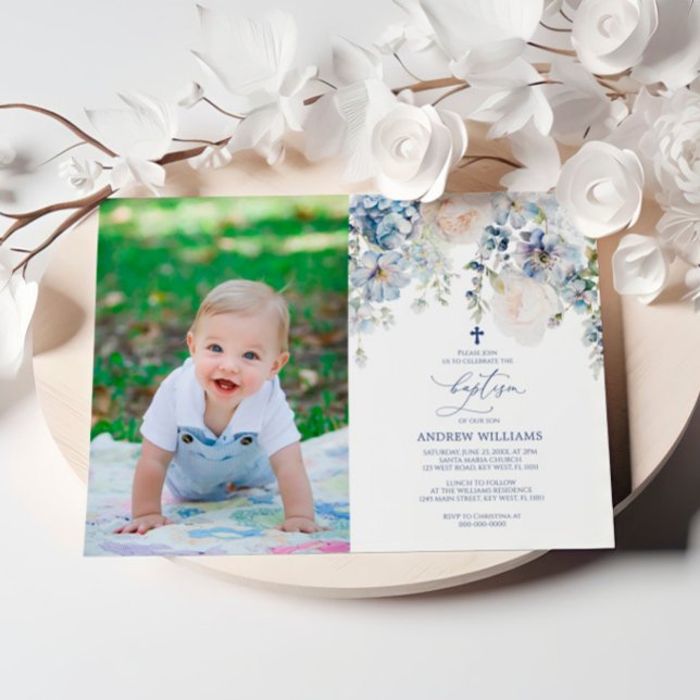 Elegant Blue Hydrangea Photo Baptism Invitation (Creator Uploaded)