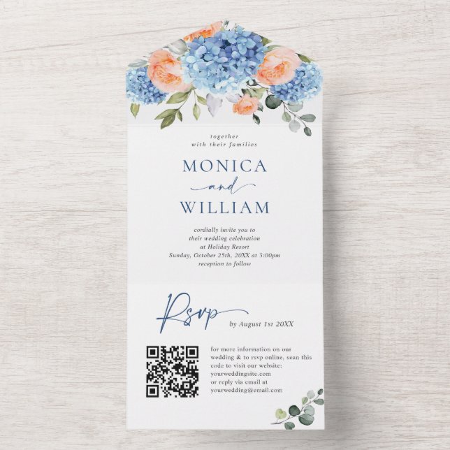 Elegant Blue Hydrangea Pink Blush Roses Wedding All In One Invitation (Inside)