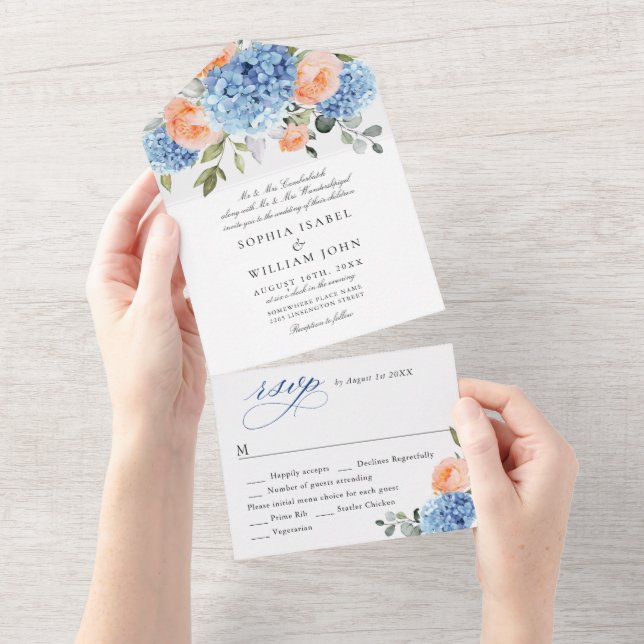 Elegant Blue Hydrangea Pink Blush Roses Wedding All In One Invitation (Tearaway)