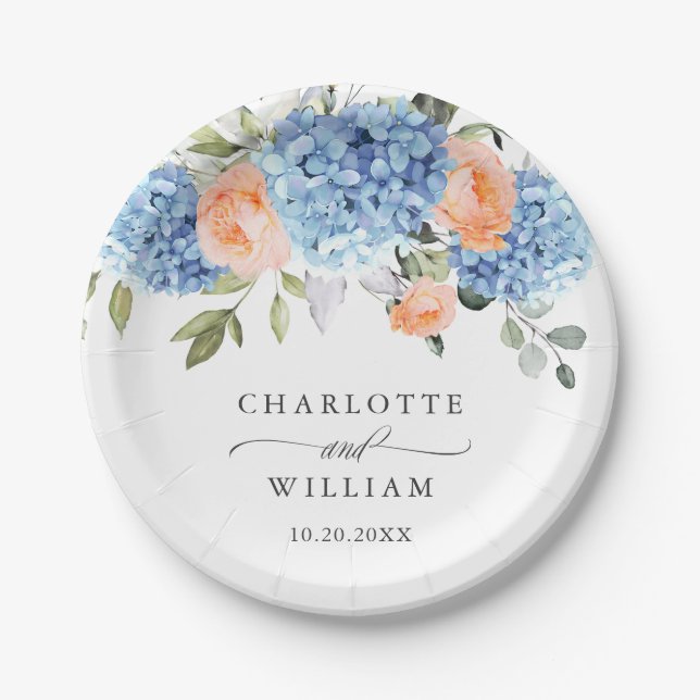 Elegant Blue Hydrangea Pink Blush Roses Wedding Paper Plate (Front)